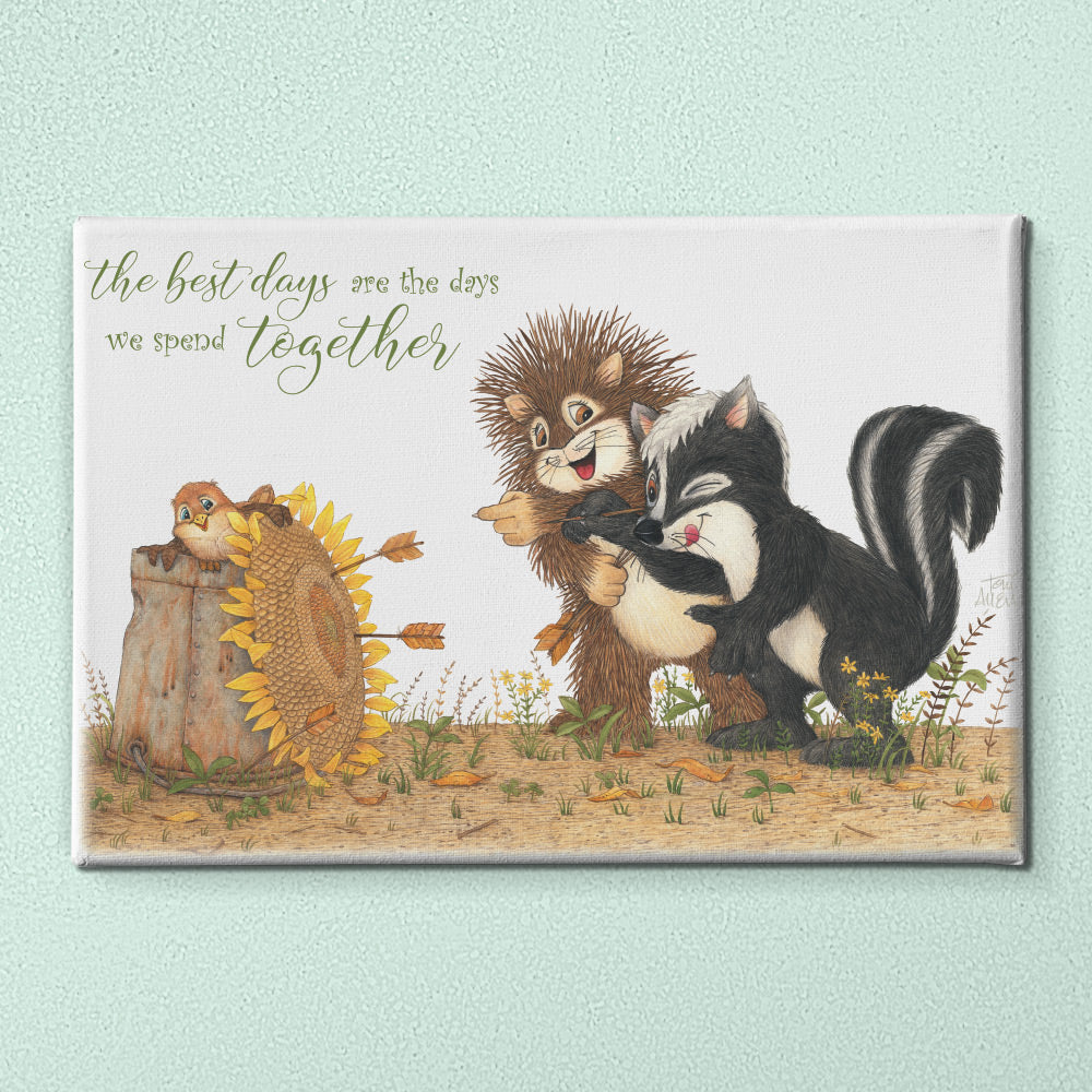Friendly Kritters Wall Art Print - Skunk and Porcupine Throwing Darts - 24x36 - Hand Drawn - Canvas