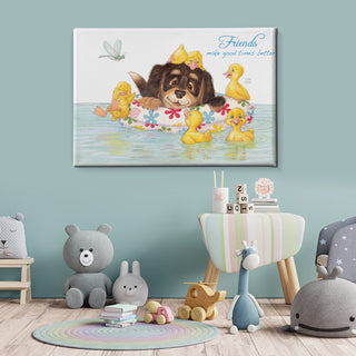 Friendly Kritters Wall Art Print - Puppy and Ducklings - 24x36 - Hand Drawn - Canvas