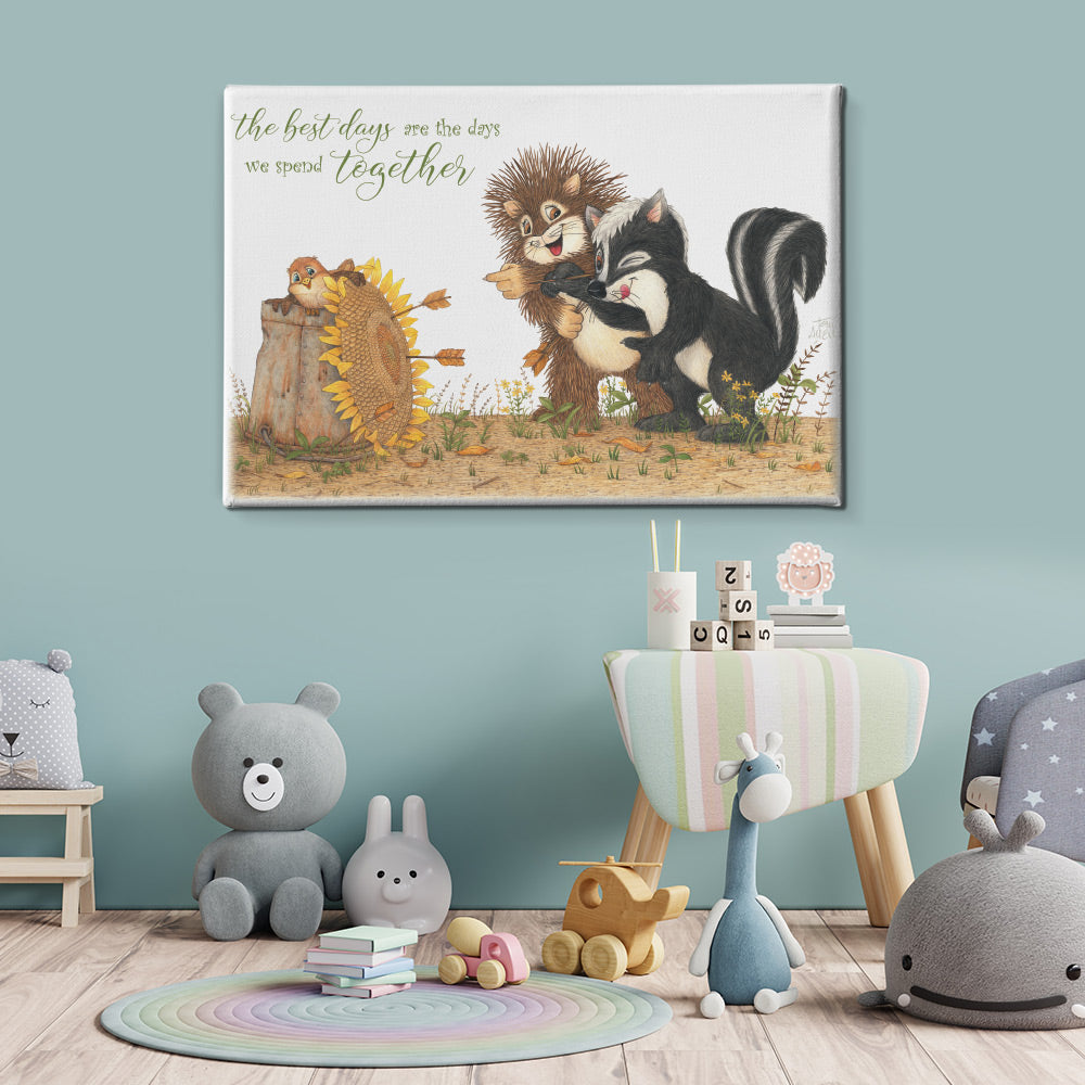 Friendly Kritters Wall Art Print - Skunk and Porcupine Throwing Darts - 24x36 - Hand Drawn - Canvas
