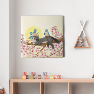 Friendly Kritters Wall Art Print - Cats and Bluebirds in a Tree - 16x16 - Hand Drawn - Canvas
