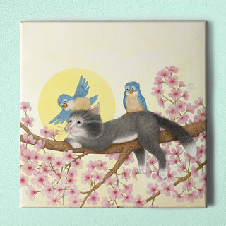 Friendly Kritters Wall Art Print - Cats and Bluebirds in a Tree - 16x16 - Hand Drawn - Canvas