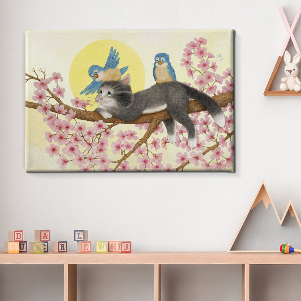 Friendly Kritters Wall Art Print - Cats and Bluebirds in a Tree - 24x36 - Hand Drawn - Canvas