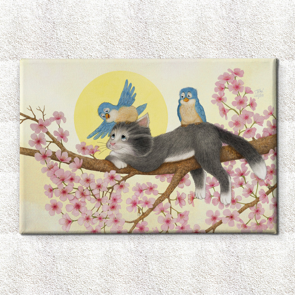 Friendly Kritters Wall Art Print - Cats and Bluebirds in a Tree - 24x36 - Hand Drawn - Canvas