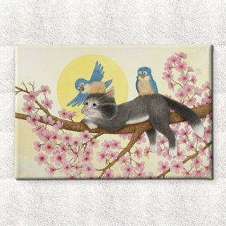 Friendly Kritters Wall Art Print - Cats and Bluebirds in a Tree - 24x36 - Hand Drawn - Canvas