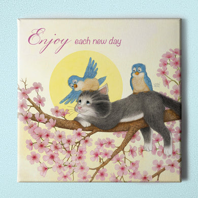 Friendly Kritters Wall Art Print - Cats and Bluebirds in a Tree - 16x16 - Hand Drawn - Canvas