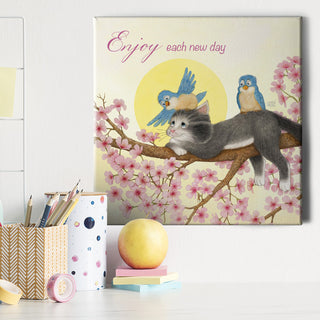 Friendly Kritters Wall Art Print - Cats and Bluebirds in a Tree - 16x16 - Hand Drawn - Canvas