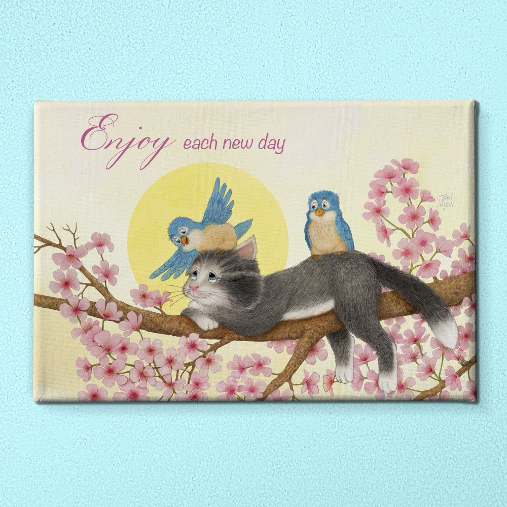 Friendly Kritters Wall Art Print - Cats and Bluebirds in a Tree - 24x36 - Hand Drawn - Canvas