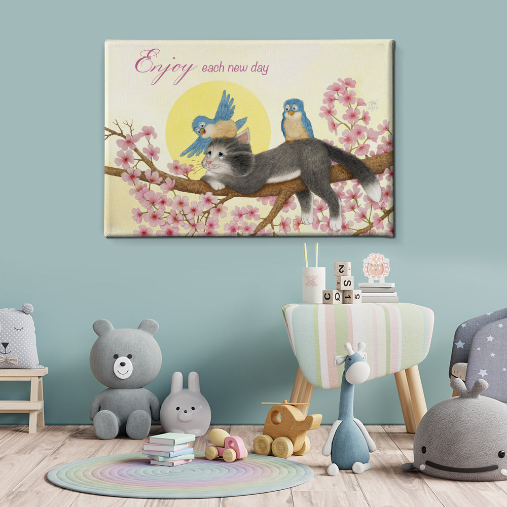 Friendly Kritters Wall Art Print - Cats and Bluebirds in a Tree - 24x36 - Hand Drawn - Canvas