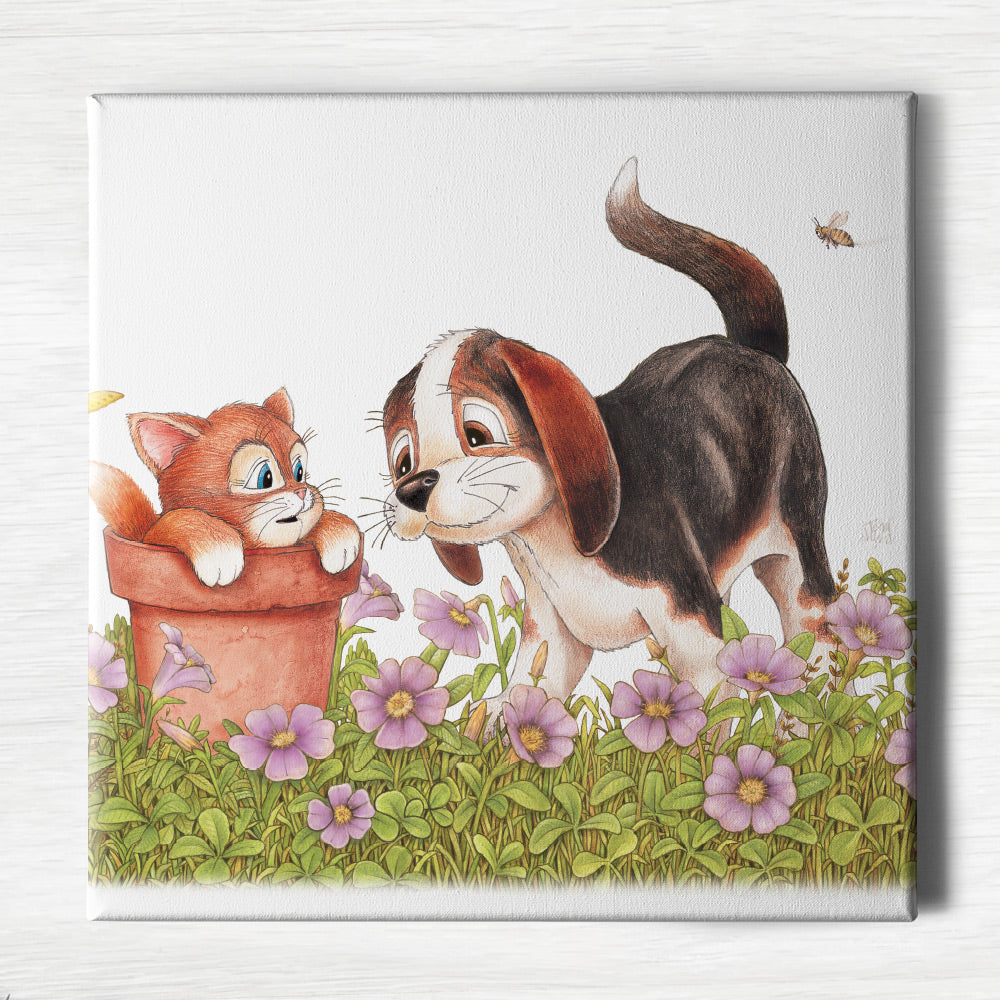 Friendly Kritters Wall Art Print - Kitty and Puppy - 16x16 - Hand Drawn - Canvas