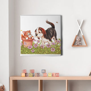Friendly Kritters Wall Art Print - Kitty and Puppy - 16x16 - Hand Drawn - Canvas