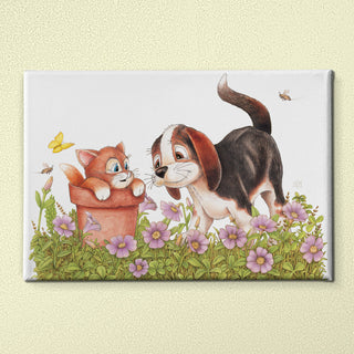 Friendly Kritters Wall Art Print - Kitty and Puppy - 24x36 - Hand Drawn - Canvas