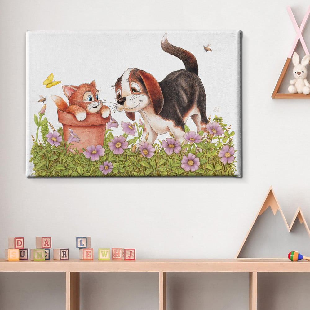 Friendly Kritters Wall Art Print - Kitty and Puppy - 24x36 - Hand Drawn - Canvas
