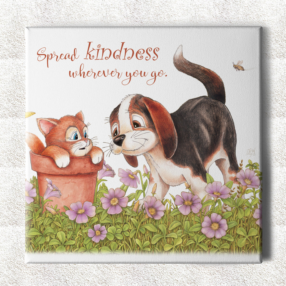 Friendly Kritters Wall Art Print - Kitty and Puppy - 16x16 - Hand Drawn - Canvas