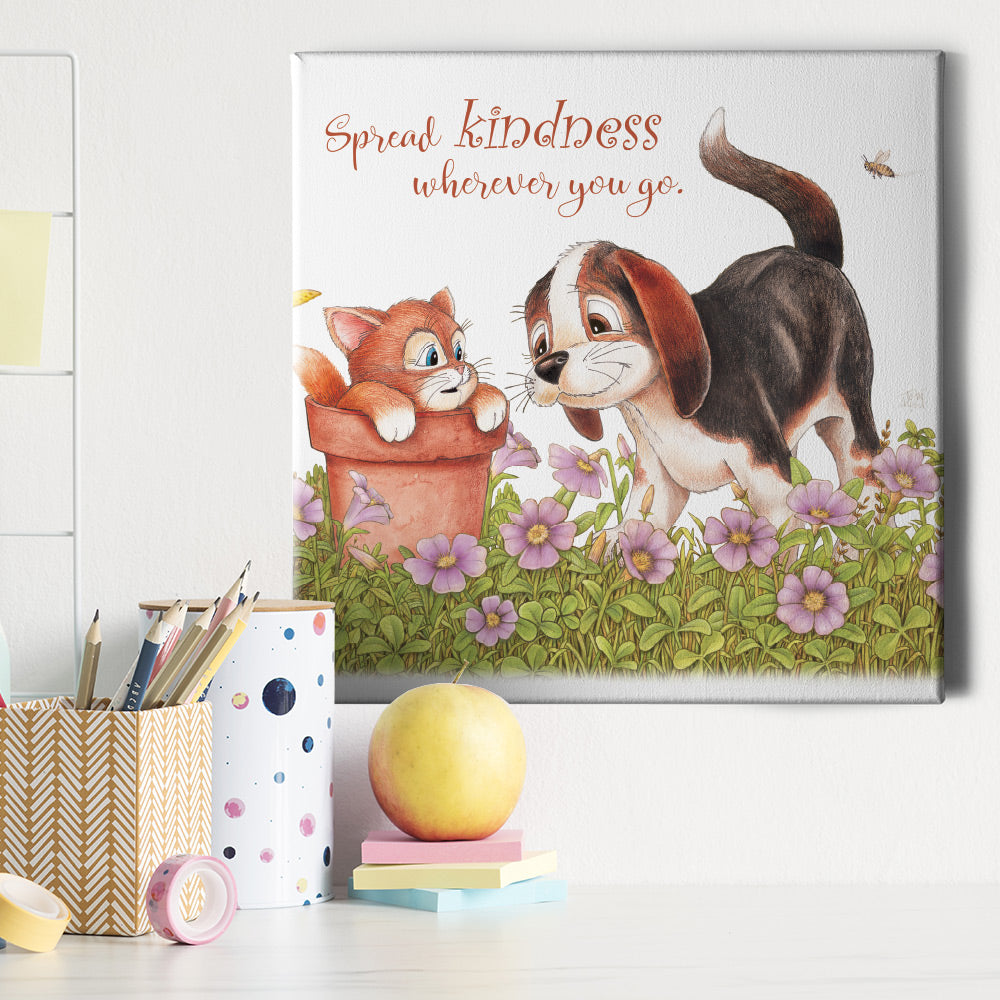 Friendly Kritters Wall Art Print - Kitty and Puppy - 16x16 - Hand Drawn - Canvas