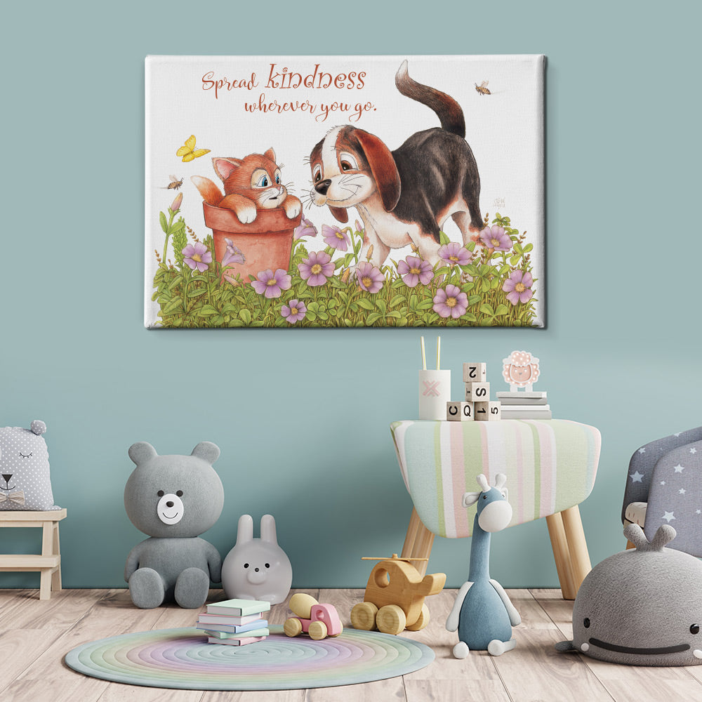 Friendly Kritters Wall Art Print - Kitty and Puppy - 16x24 - Hand Drawn - Canvas