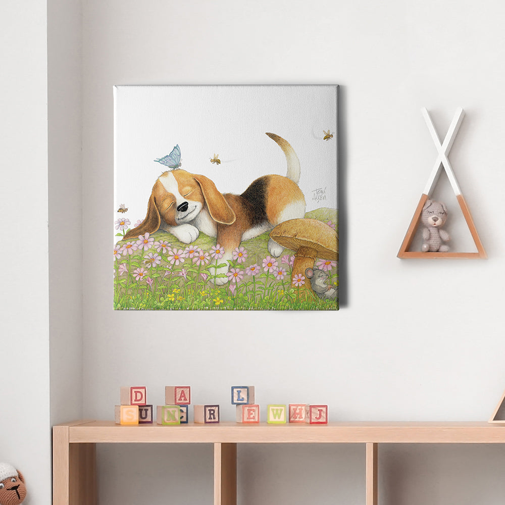 Friendly Kritters Wall Art Print - Puppy Sleeping - 16x16 - Hand Drawn - Canvas