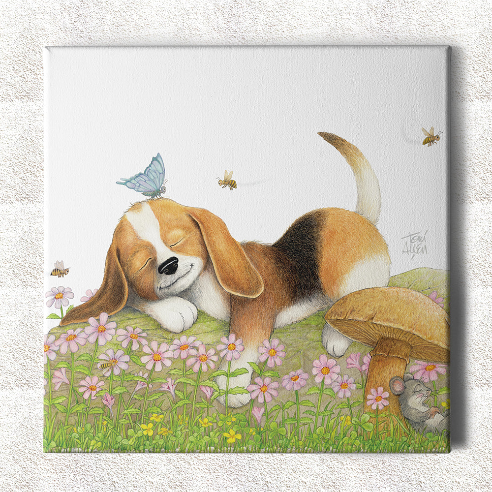 Friendly Kritters Wall Art Print - Puppy Sleeping - 16x16 - Hand Drawn - Canvas