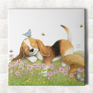 Friendly Kritters Wall Art Print - Puppy Sleeping - 16x16 - Hand Drawn - Canvas