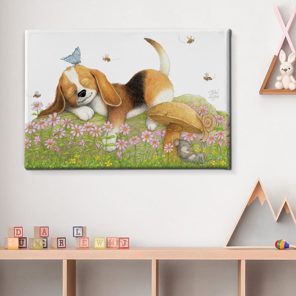Friendly Kritters Wall Art Print - Puppy Sleeping - 16x24 - Hand Drawn - Canvas