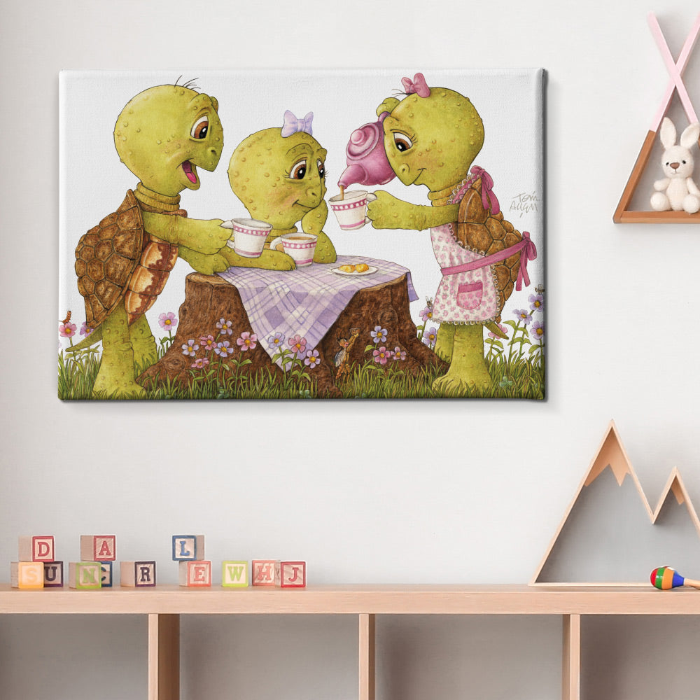 Friendly Kritters Wall Art Print - Turtles Tea Party - 24x36 - Hand Drawn - Canvas