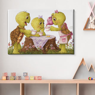 Friendly Kritters Wall Art Print - Turtles Tea Party - 24x36 - Hand Drawn - Canvas