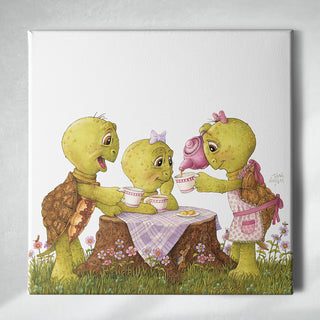 Friendly Kritters Wall Art Print - Turtles Tea Party - 16x16 - Hand Drawn - Canvas