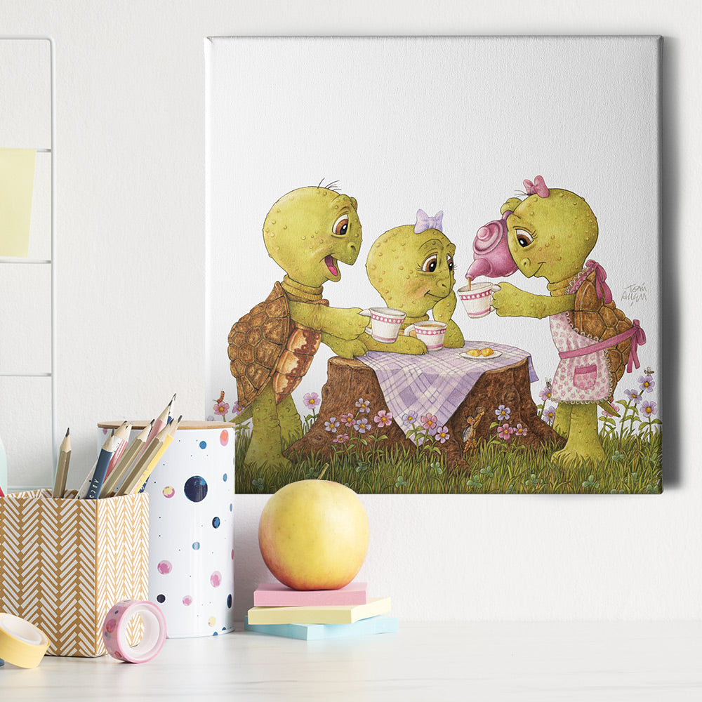 Friendly Kritters Wall Art Print - Turtles Tea Party - 16x16 - Hand Drawn - Canvas