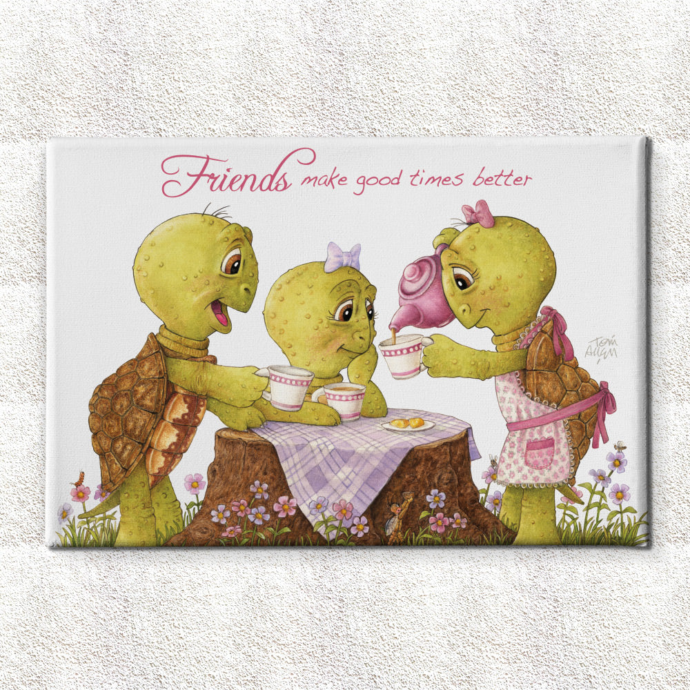 Friendly Kritters Wall Art Print - Turtles Tea Party - 24x36 - Hand Drawn - Canvas