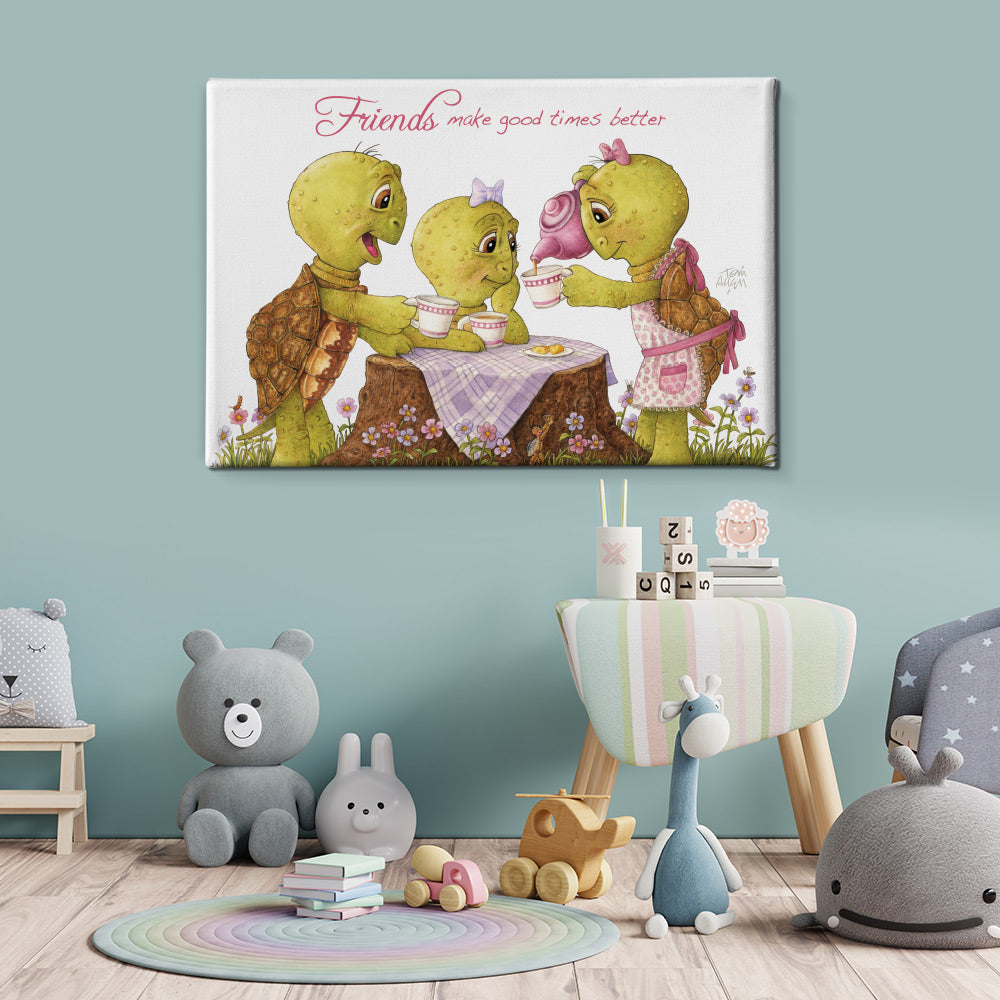 Friendly Kritters Wall Art Print - Turtles Tea Party - 24x36 - Hand Drawn - Canvas