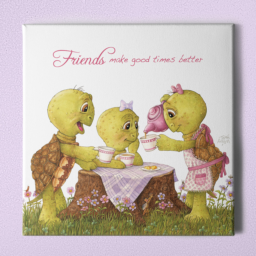 Friendly Kritters Wall Art Print - Turtles Tea Party - 16x16 - Hand Drawn - Canvas