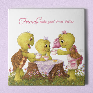 Friendly Kritters Wall Art Print - Turtles Tea Party - 16x16 - Hand Drawn - Canvas