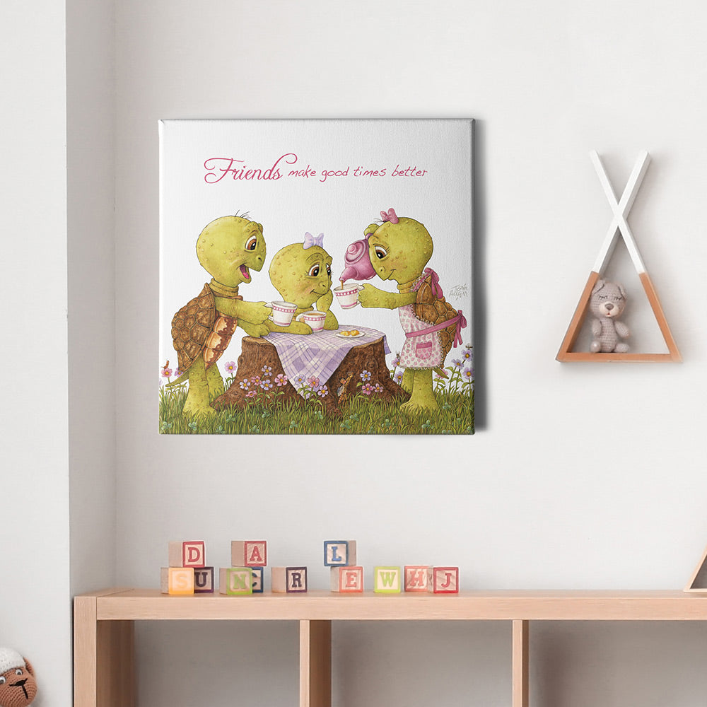 Friendly Kritters Wall Art Print - Turtles Tea Party - 16x16 - Hand Drawn - Canvas