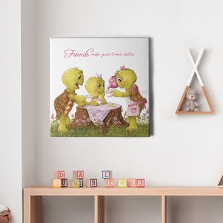 Friendly Kritters Wall Art Print - Turtles Tea Party - 16x16 - Hand Drawn - Canvas
